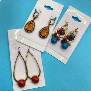 Orange & Blue Long Earrings Antique Gold Tone Pierced Bundle of Three Pairs
